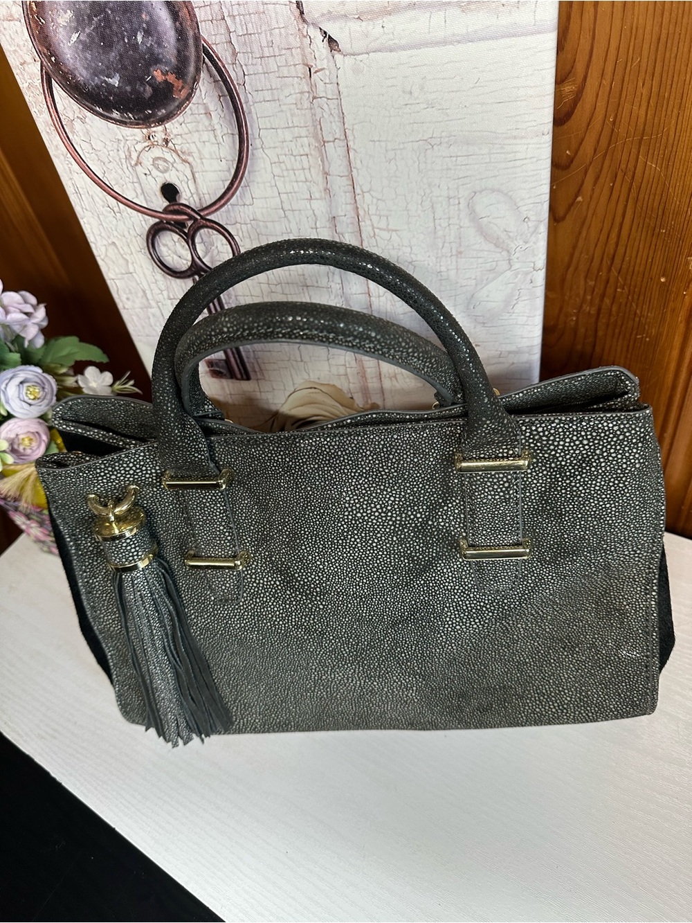 Ivanka Trump Metallic Gray Textured Tote with Tassel - Picture 15 of 16